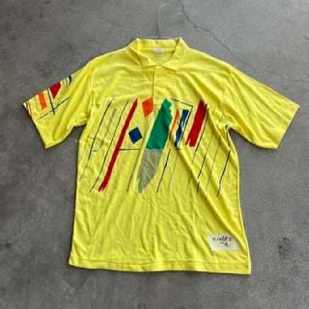 Vintage 80s Abstract Art Polo Shirt Yellow XL